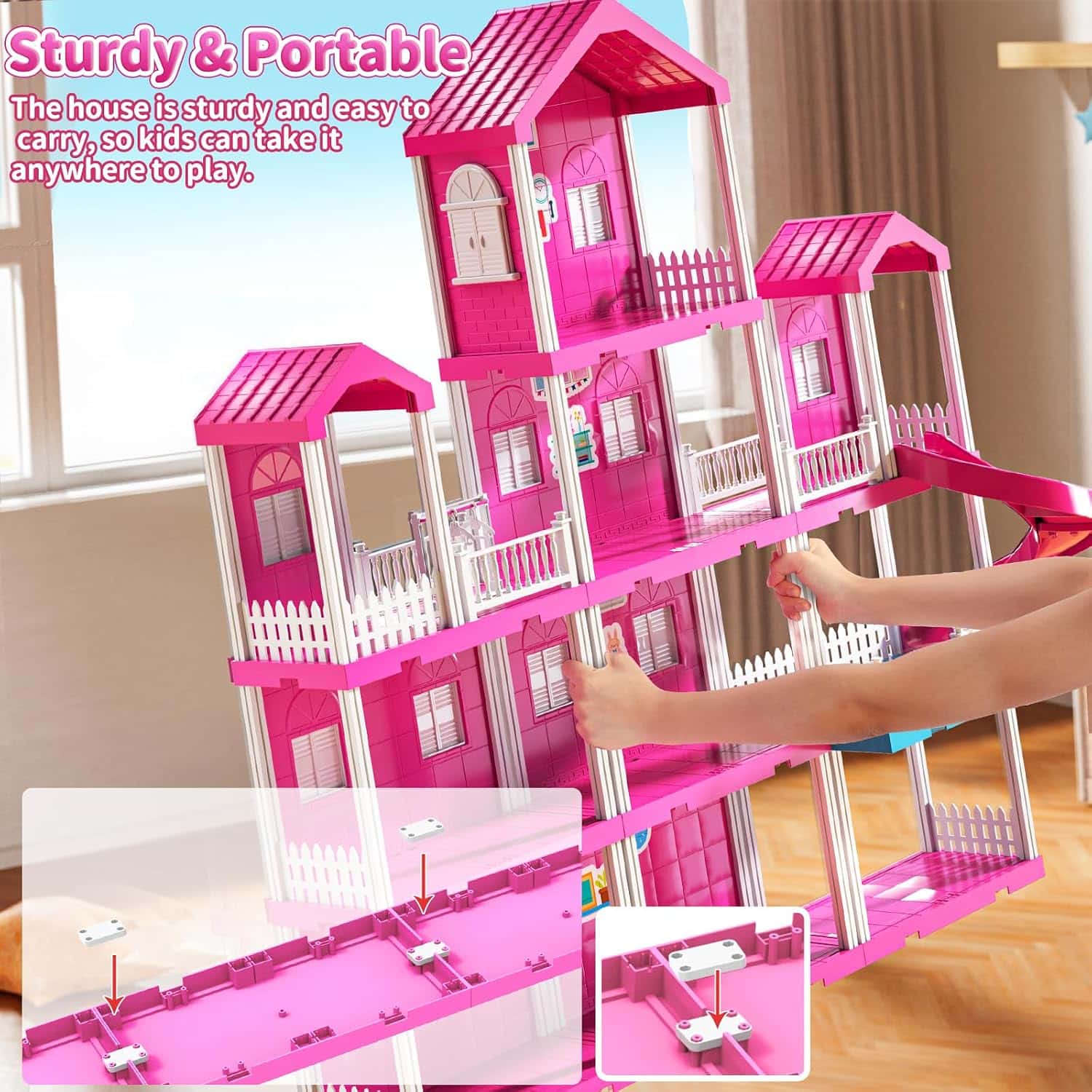 casa de muñecas rosa de 4 pisos y 10 habitaciones con muñecas y muebles para niñas