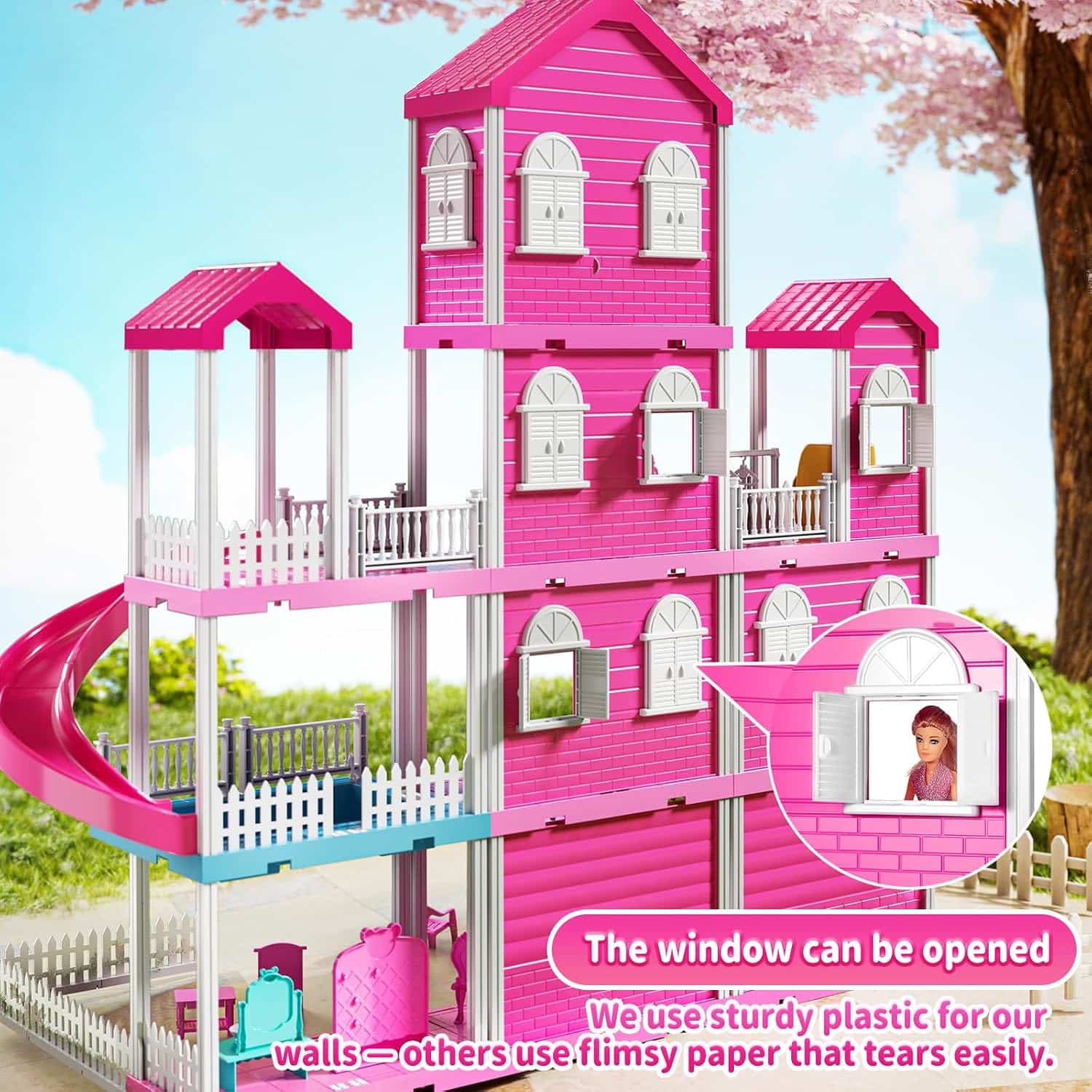 casa de muñecas rosa de 4 pisos y 10 habitaciones con muñecas y muebles para niñas