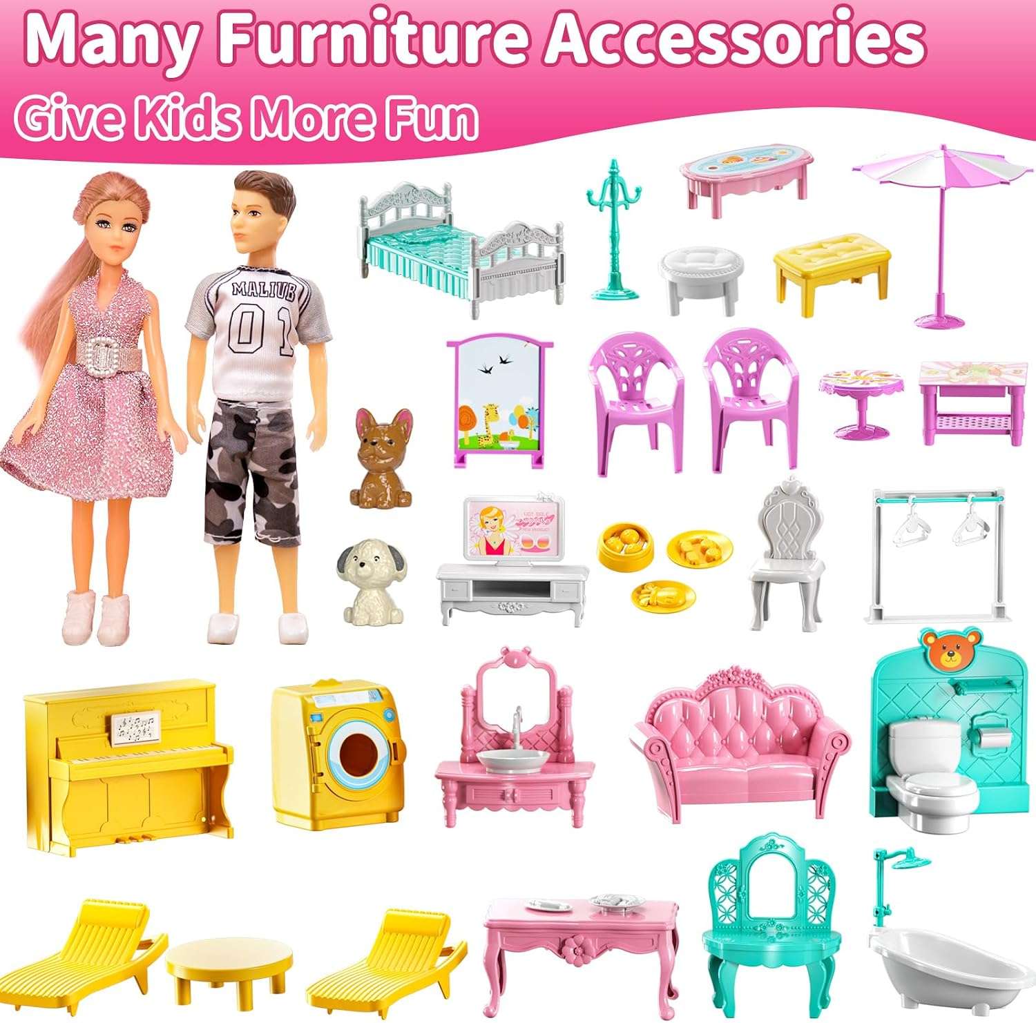 casa de muñecas rosa de 4 pisos y 10 habitaciones con muñecas y muebles para niñas