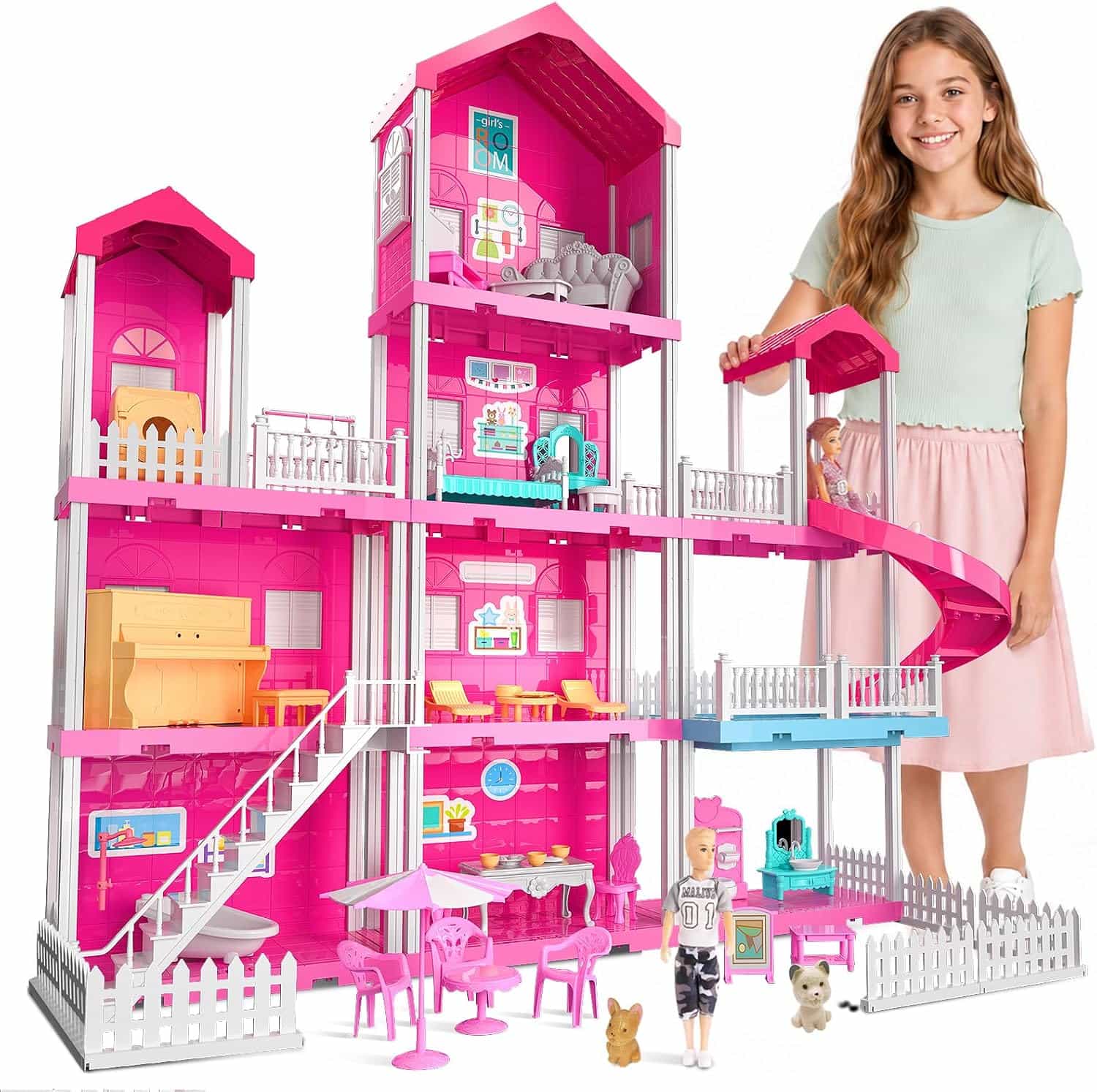 casa de muñecas rosa de 4 pisos y 10 habitaciones con muñecas y muebles para niñas