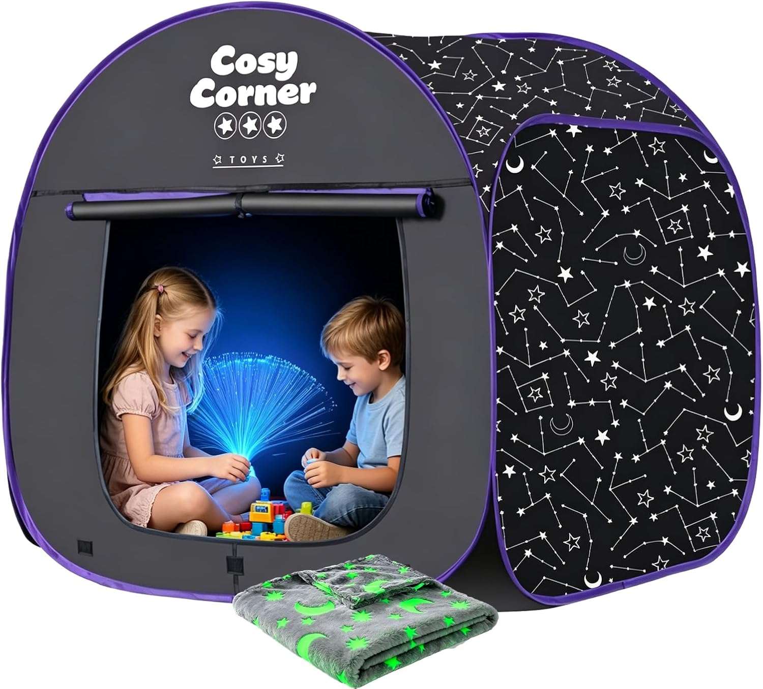 tienda de campaña sensorial opaca con lámpara de fibra óptica y manta para niños