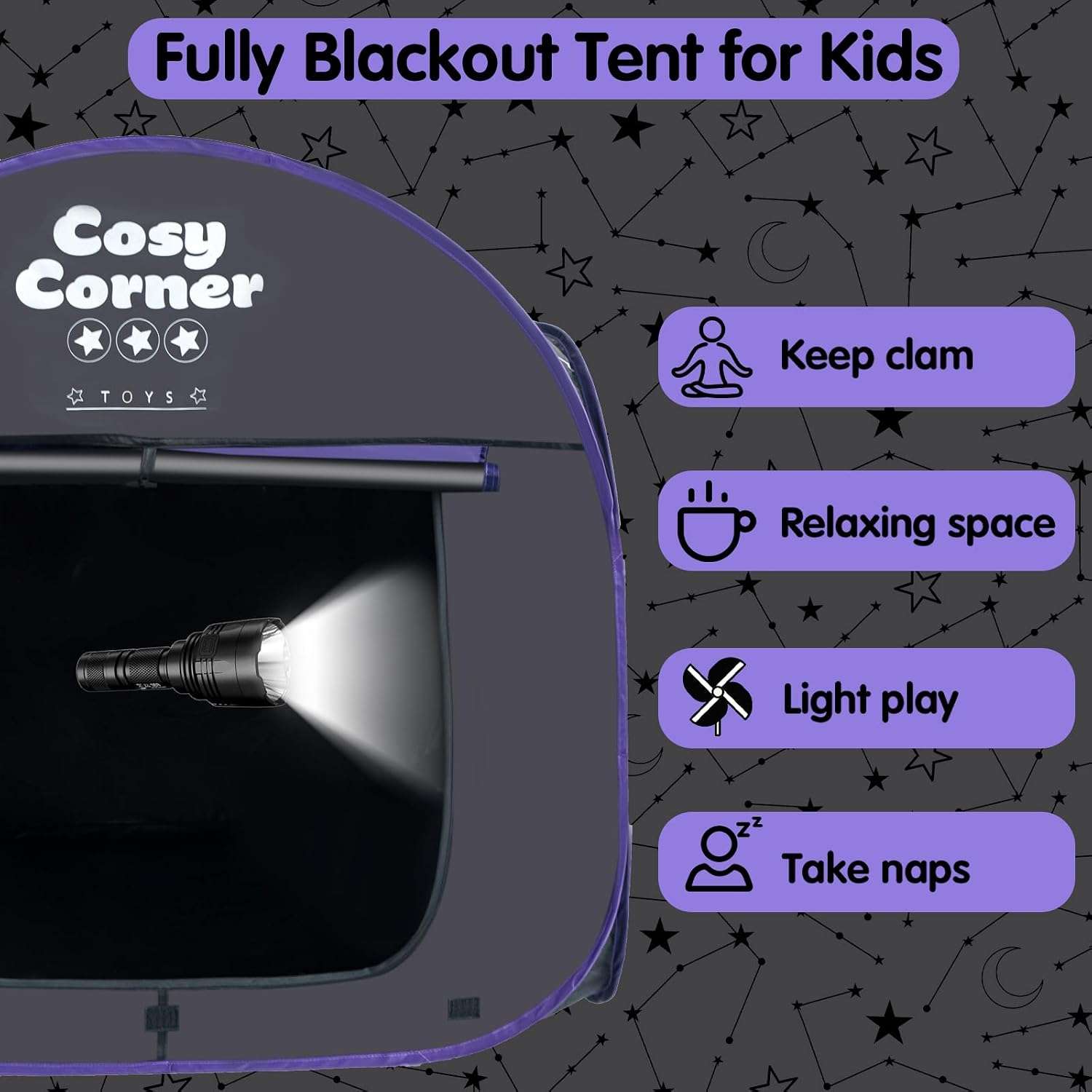 tienda de campaña sensorial opaca con lámpara de fibra óptica y manta para niños