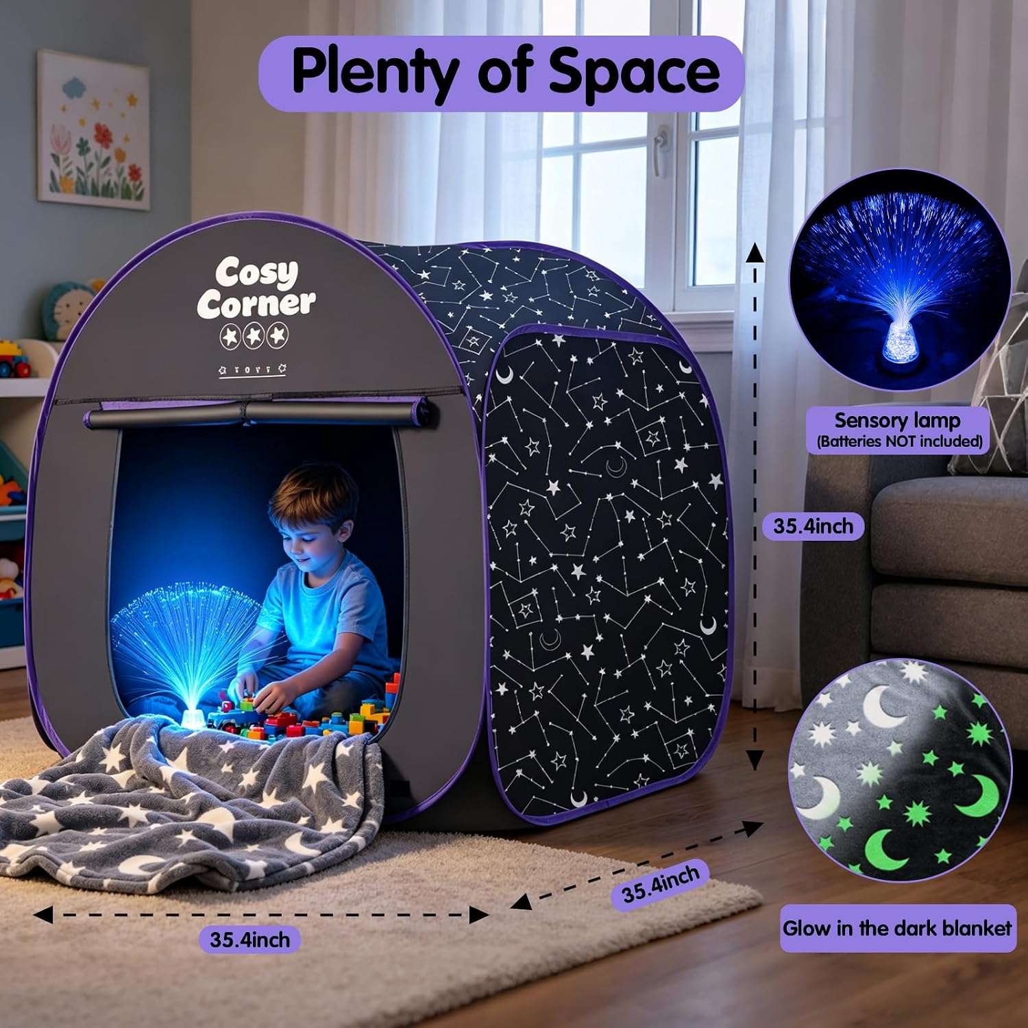 tienda de campaña sensorial opaca con lámpara de fibra óptica y manta para niños