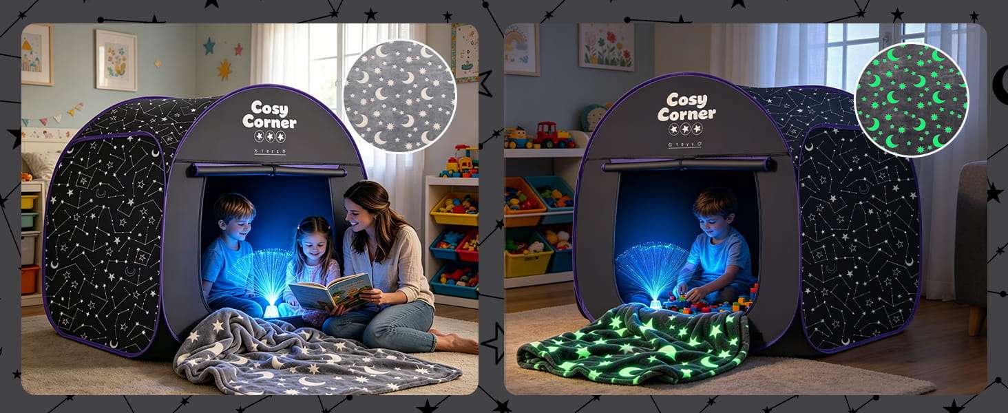tienda de campaña sensorial opaca con lámpara de fibra óptica y manta para niños