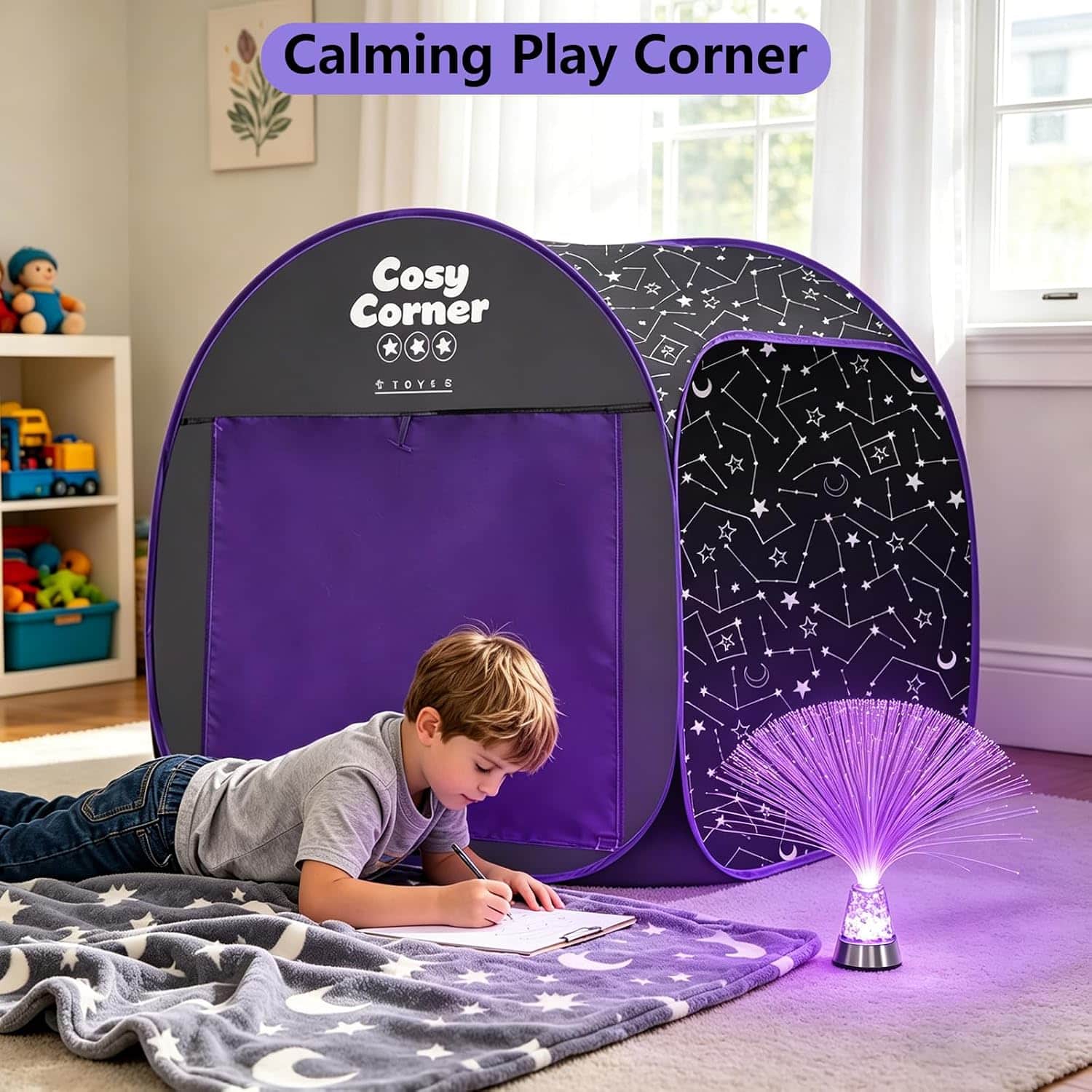 tienda de campaña sensorial opaca con lámpara de fibra óptica y manta para niños