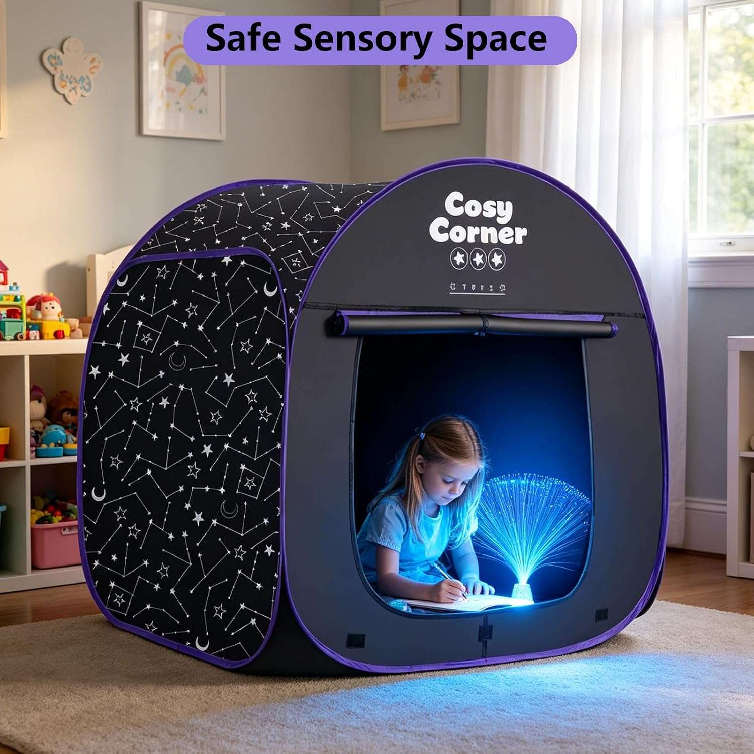 tienda de campaña sensorial opaca con lámpara de fibra óptica y manta para niños