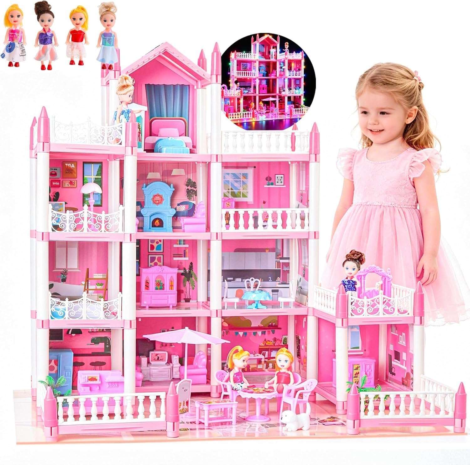 casa de muñecas grande con luces LED, muebles, muñecas y alfombra de juego