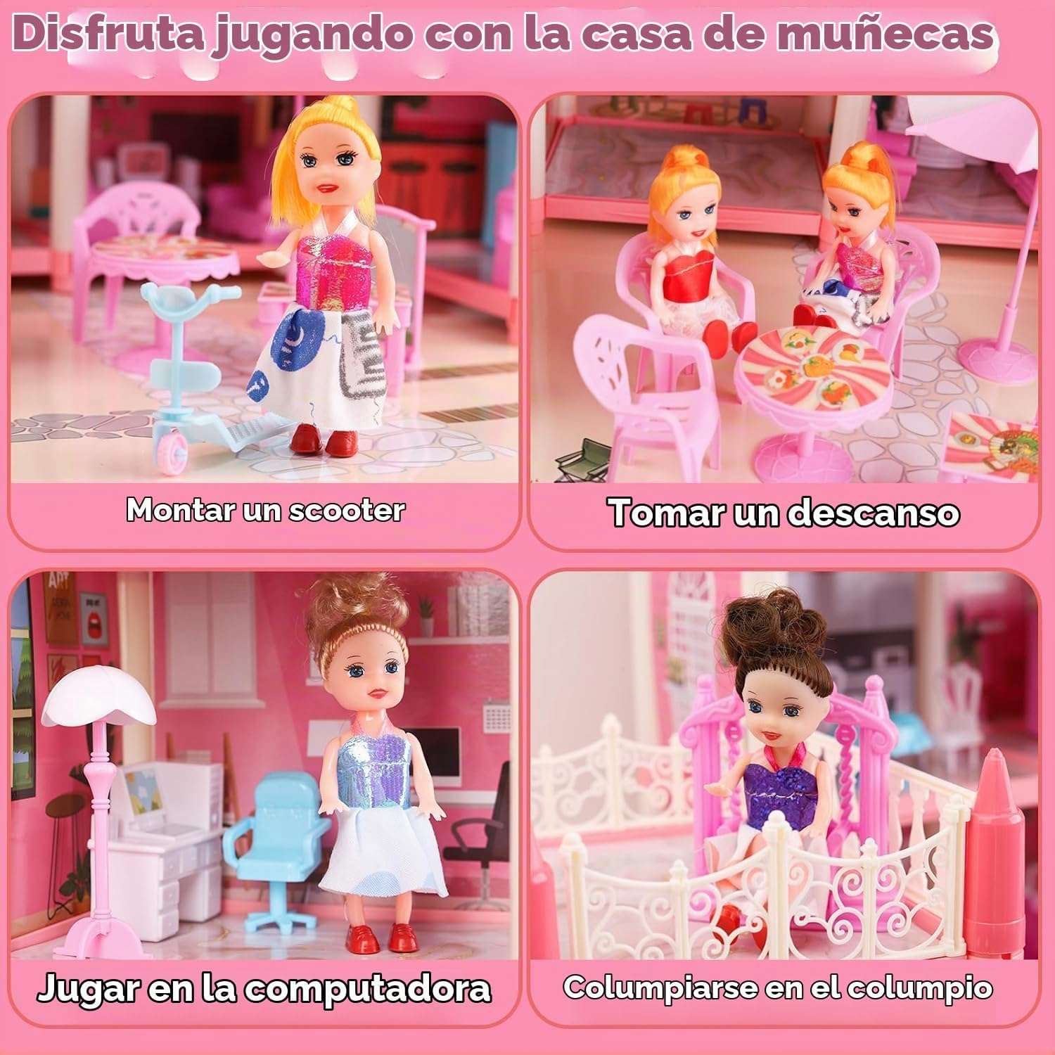 casa de muñecas grande con luces LED, muebles, muñecas y alfombra de juego