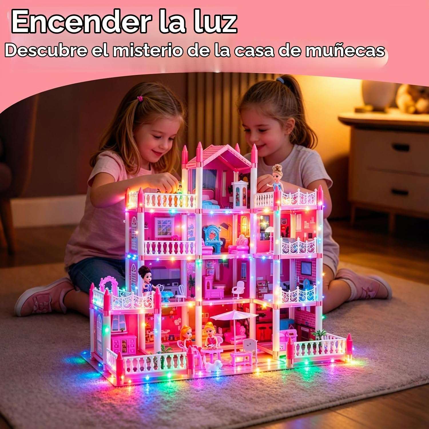 casa de muñecas grande con luces LED, muebles, muñecas y alfombra de juego