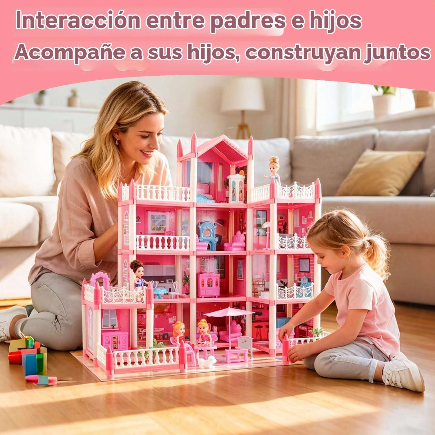 casa de muñecas grande con luces LED, muebles, muñecas y alfombra de juego
