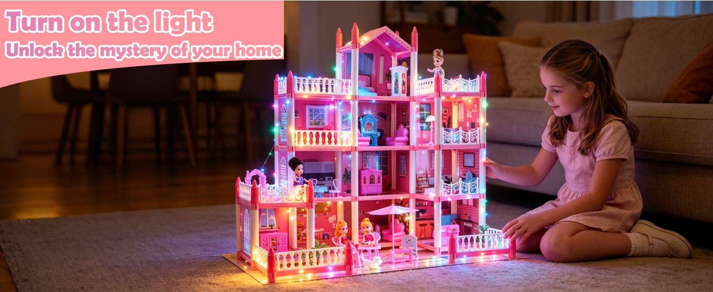 casa de muñecas grande con luces LED, muebles, muñecas y alfombra de juego