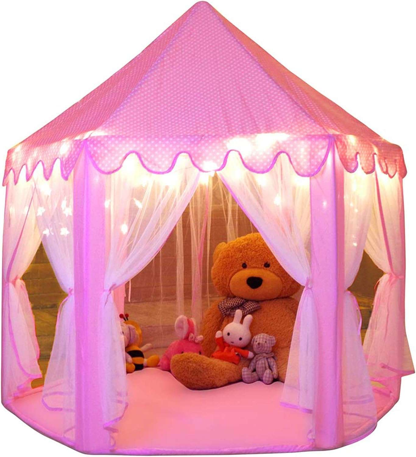 castillo de princesa tienda de campaña rosa con luces de estrella para niñas