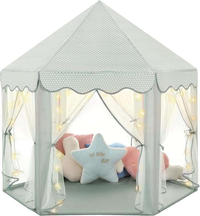 castillo de princesa tienda de campaña rosa con luces de estrella para niñas