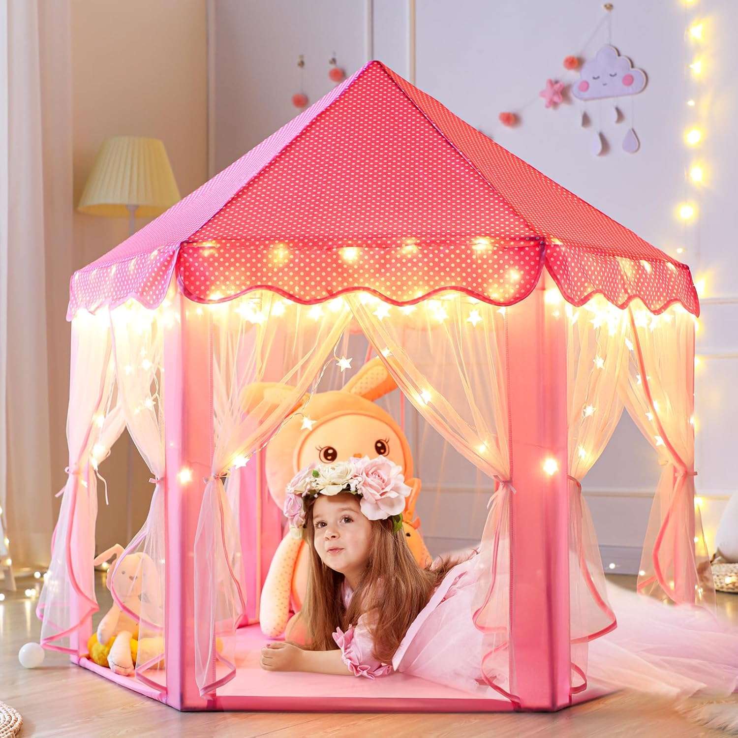 castillo de princesa tienda de campaña rosa con luces de estrella para niñas