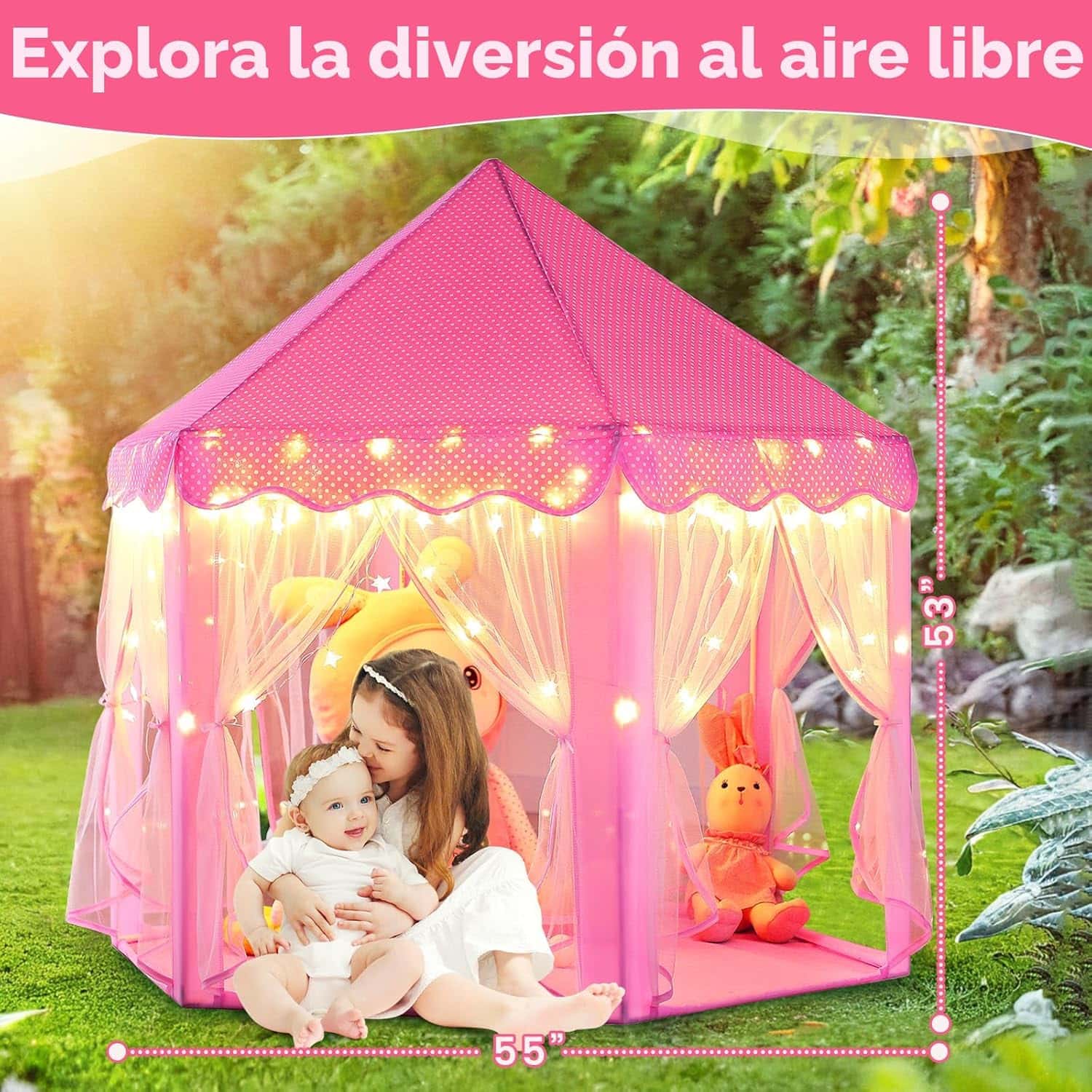 castillo de princesa tienda de campaña rosa con luces de estrella para niñas