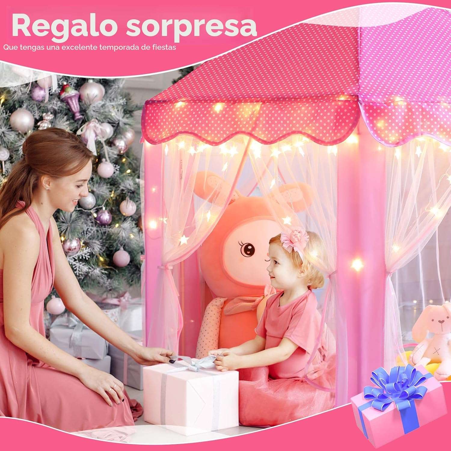 castillo de princesa tienda de campaña rosa con luces de estrella para niñas