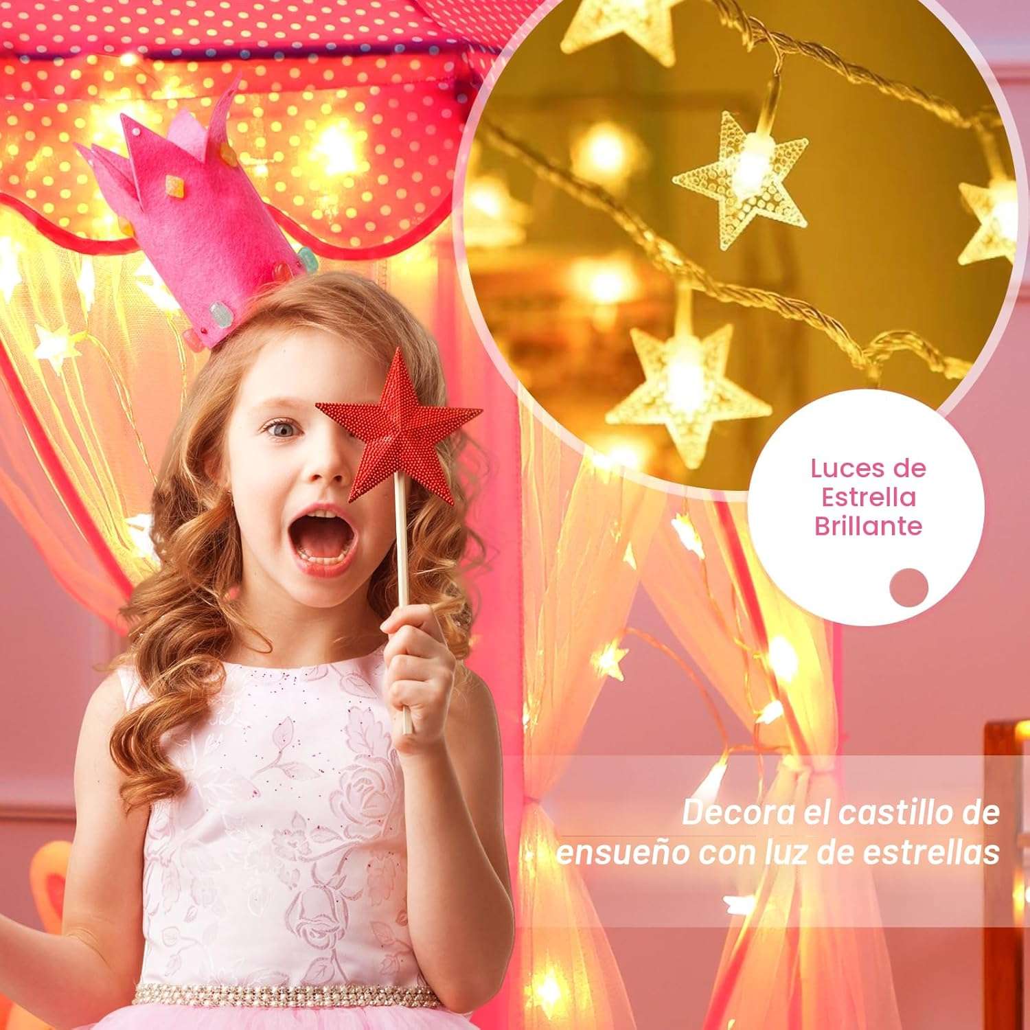 castillo de princesa tienda de campaña rosa con luces de estrella para niñas