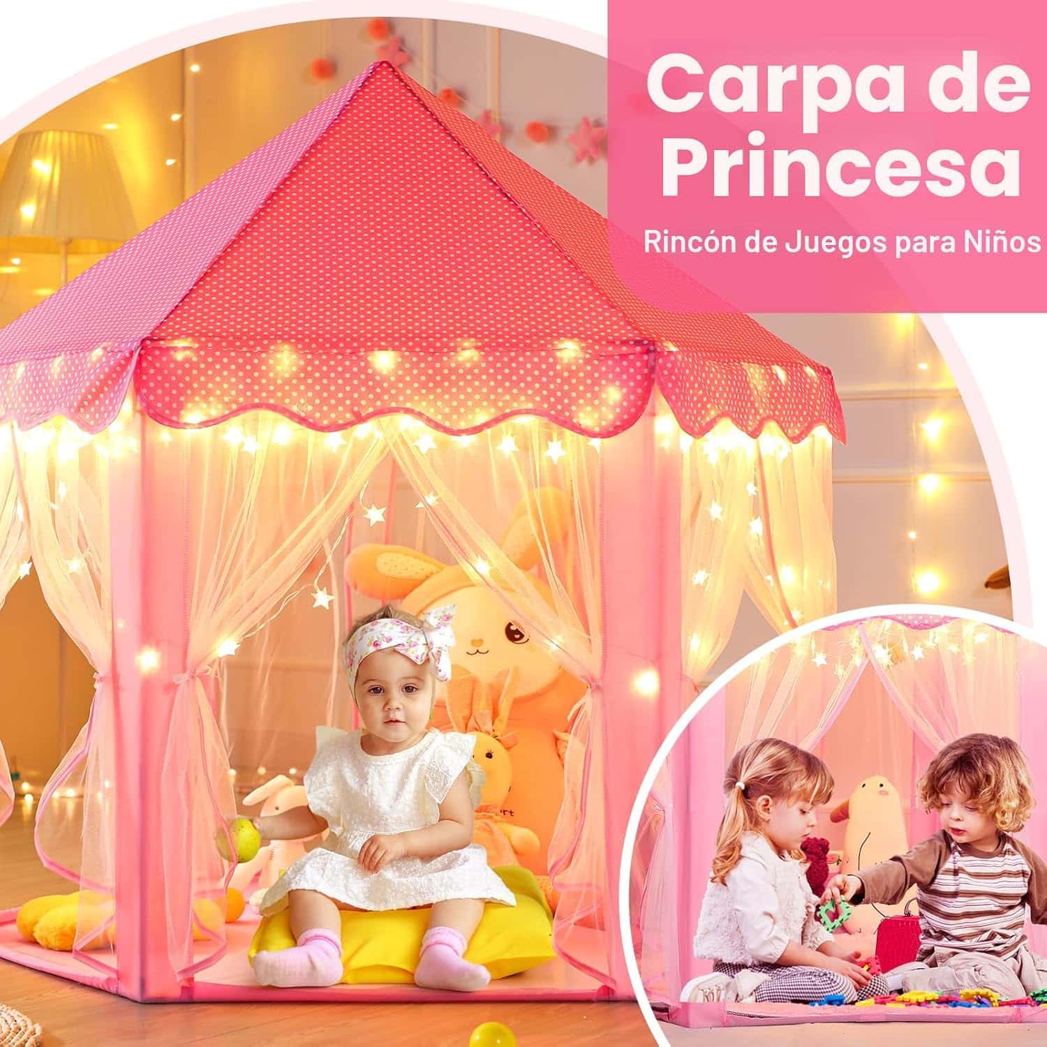 castillo de princesa tienda de campaña rosa con luces de estrella para niñas