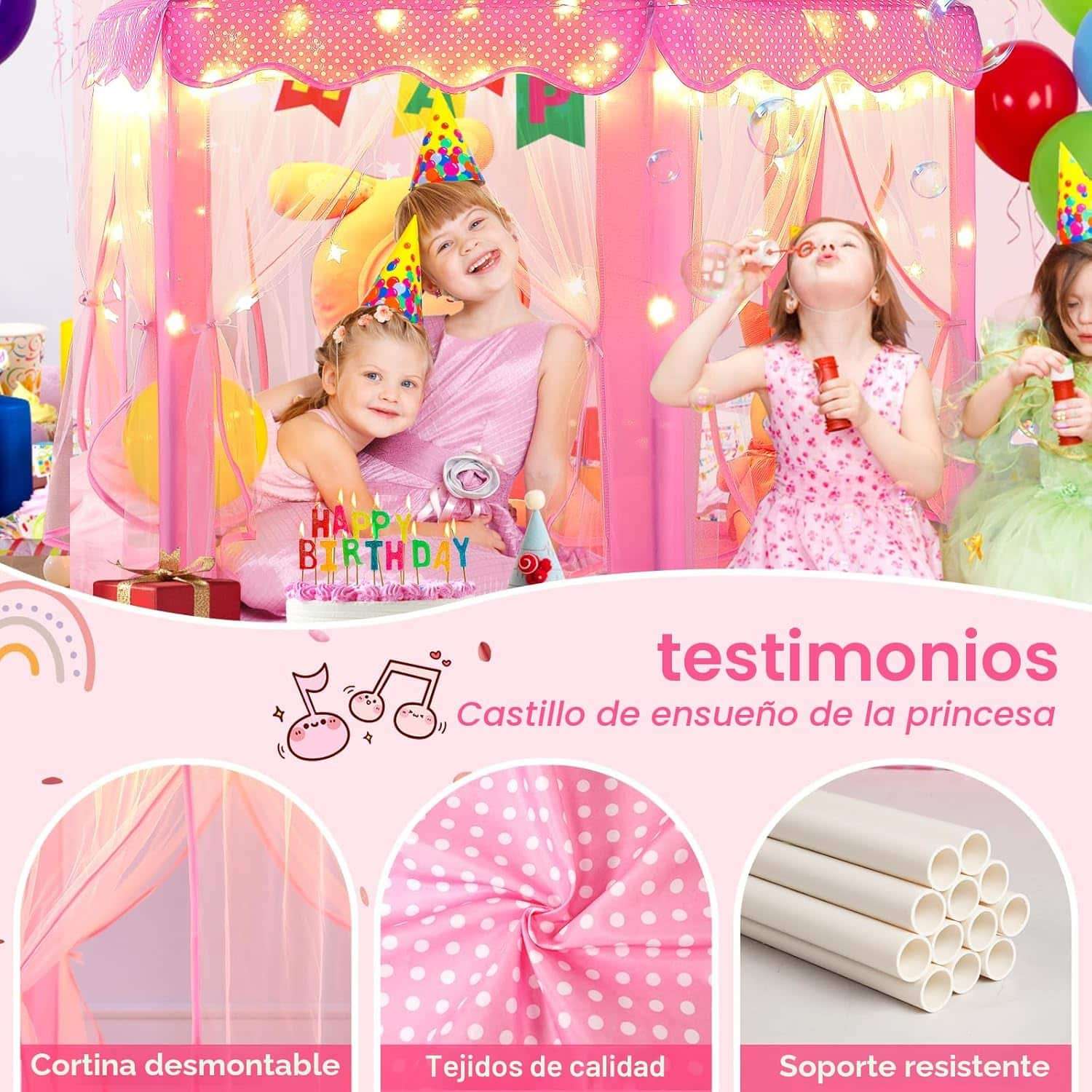 castillo de princesa tienda de campaña rosa con luces de estrella para niñas