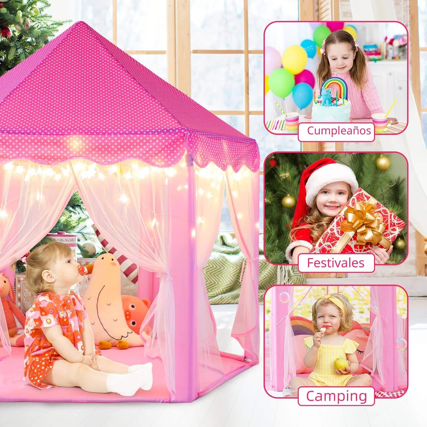castillo de princesa tienda de campaña rosa con luces de estrella para niñas