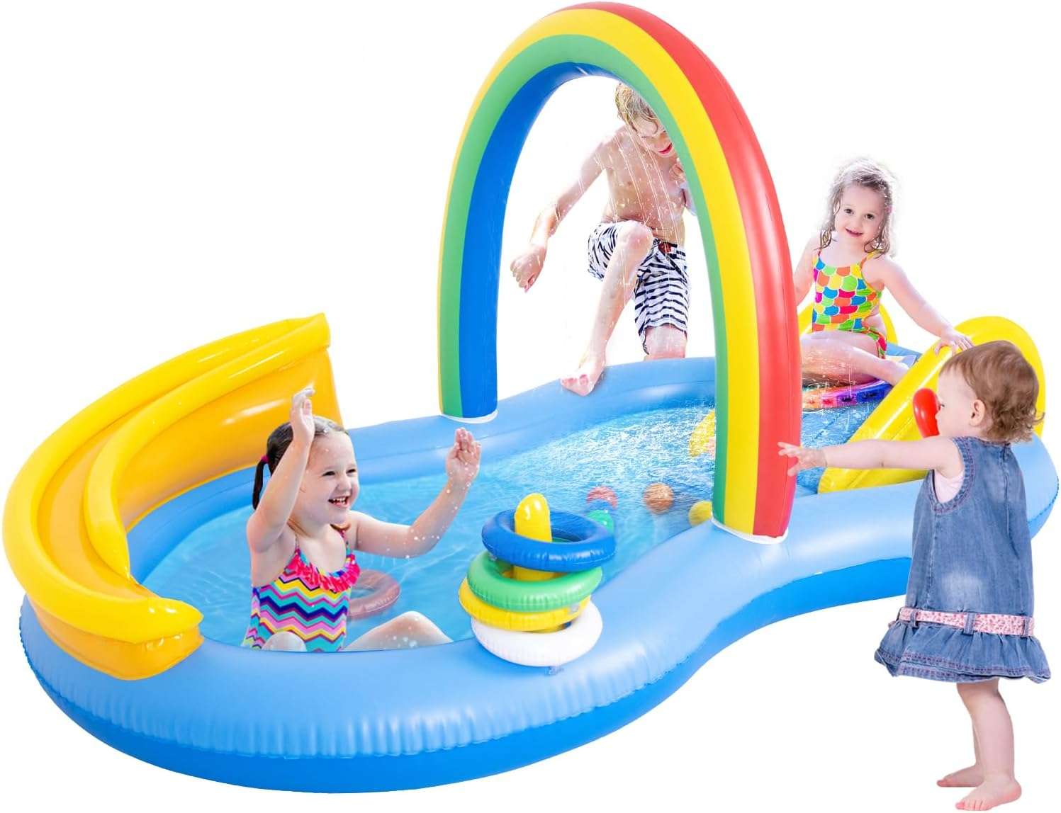 centro de juegos inflable con tobogán, arcoíris con aspersor y piscina para niños