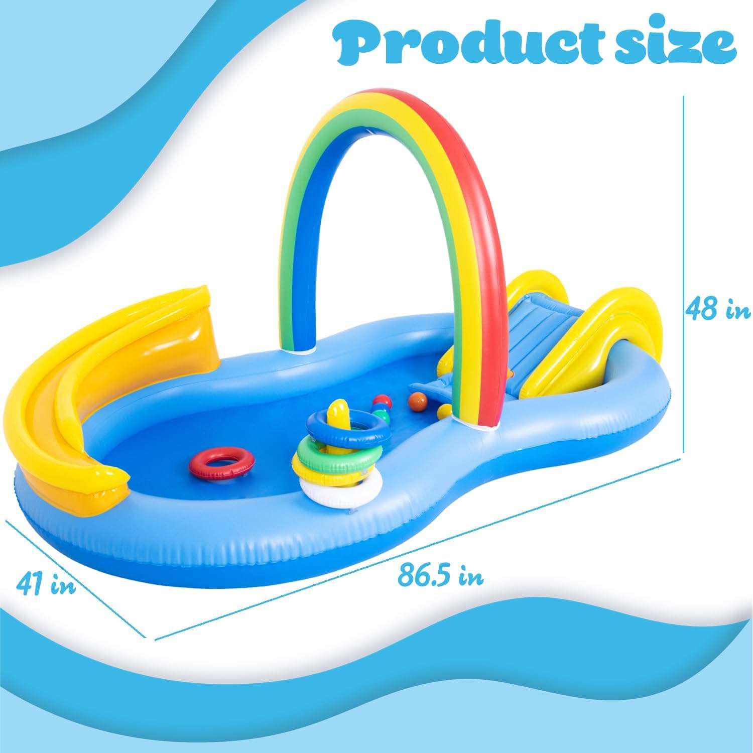 centro de juegos inflable con tobogán, arcoíris con aspersor y piscina para niños