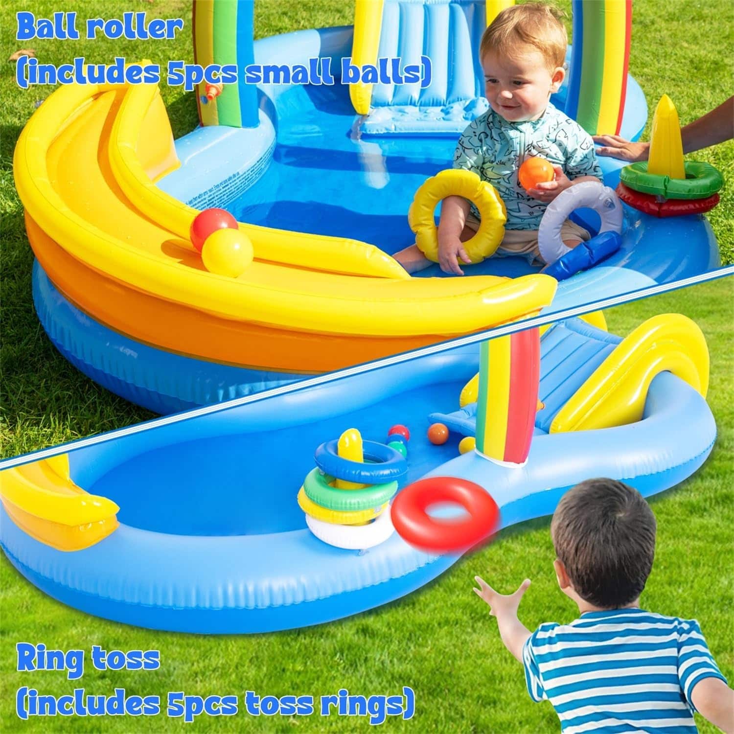 centro de juegos inflable con tobogán, arcoíris con aspersor y piscina para niños