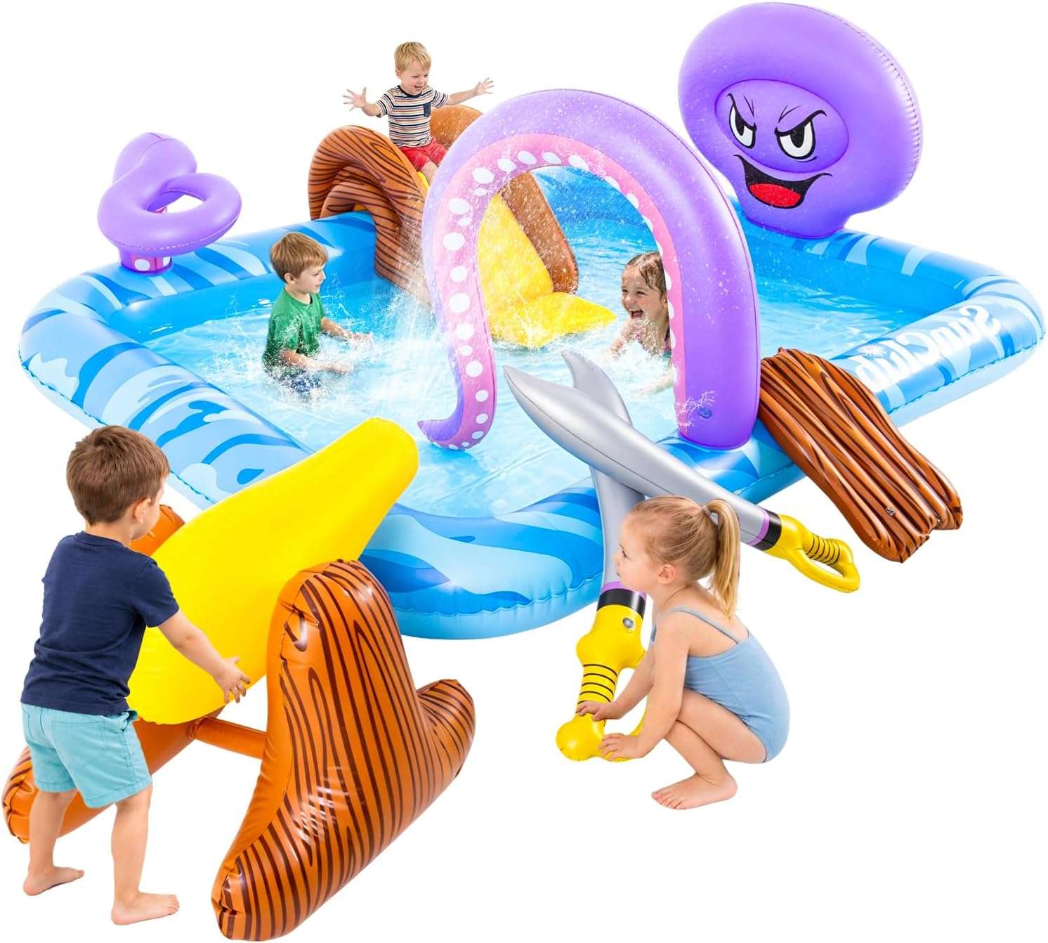 centro de juegos inflable con tobogán, arcoíris con aspersor y piscina para niños