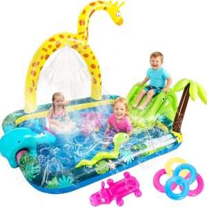 centro de juegos inflable con tobogán, rociador de agua y piscina para niños