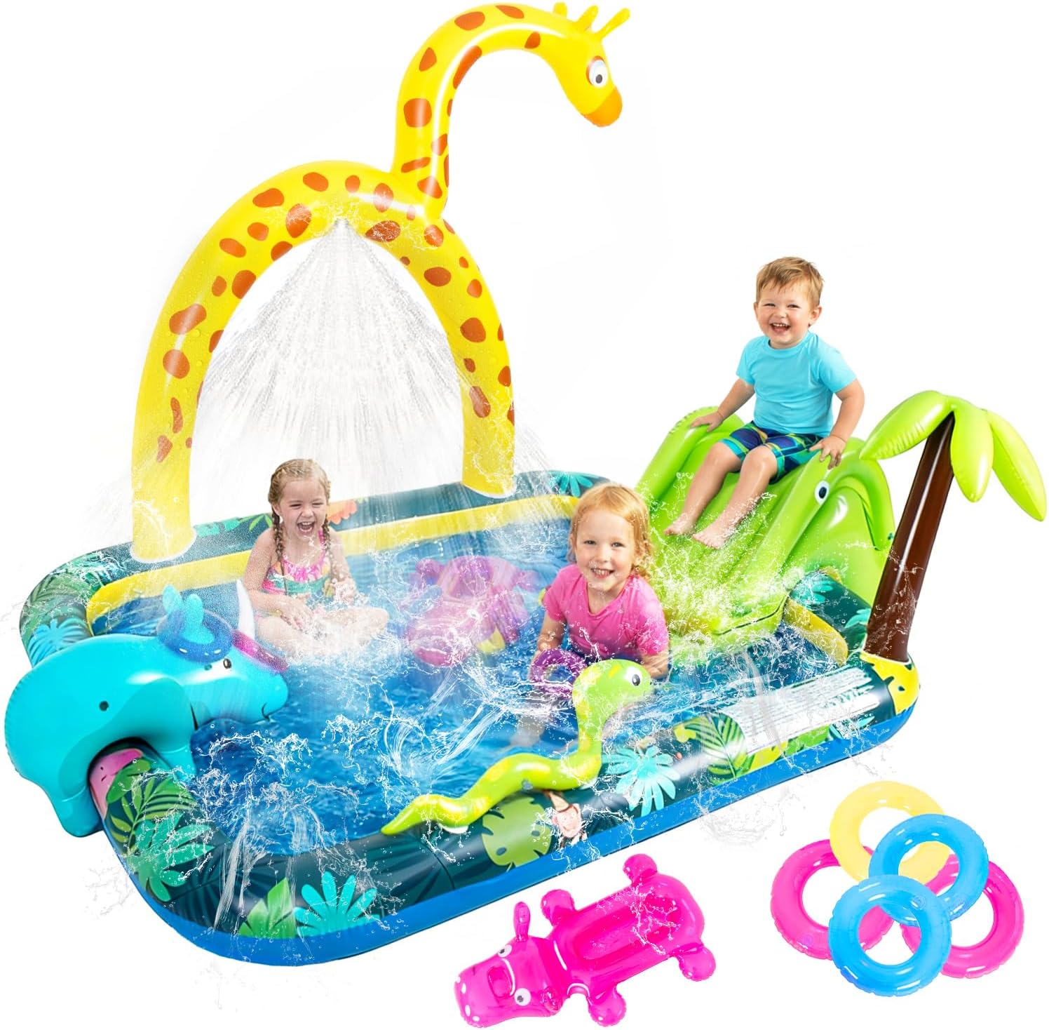 centro de juegos inflable con tobogán, rociador de agua y piscina para niños