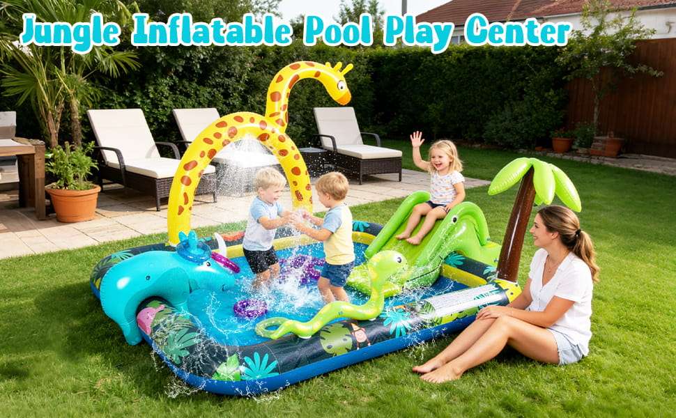 centro de juegos inflable con tobogán, rociador de agua y piscina para niños