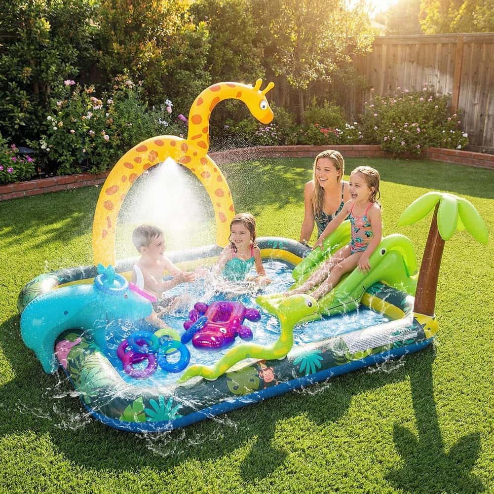 centro de juegos inflable con tobogán, rociador de agua y piscina para niños