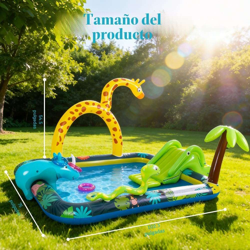centro de juegos inflable con tobogán, rociador de agua y piscina para niños
