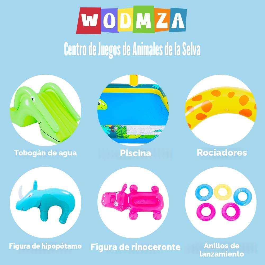centro de juegos inflable con tobogán, rociador de agua y piscina para niños
