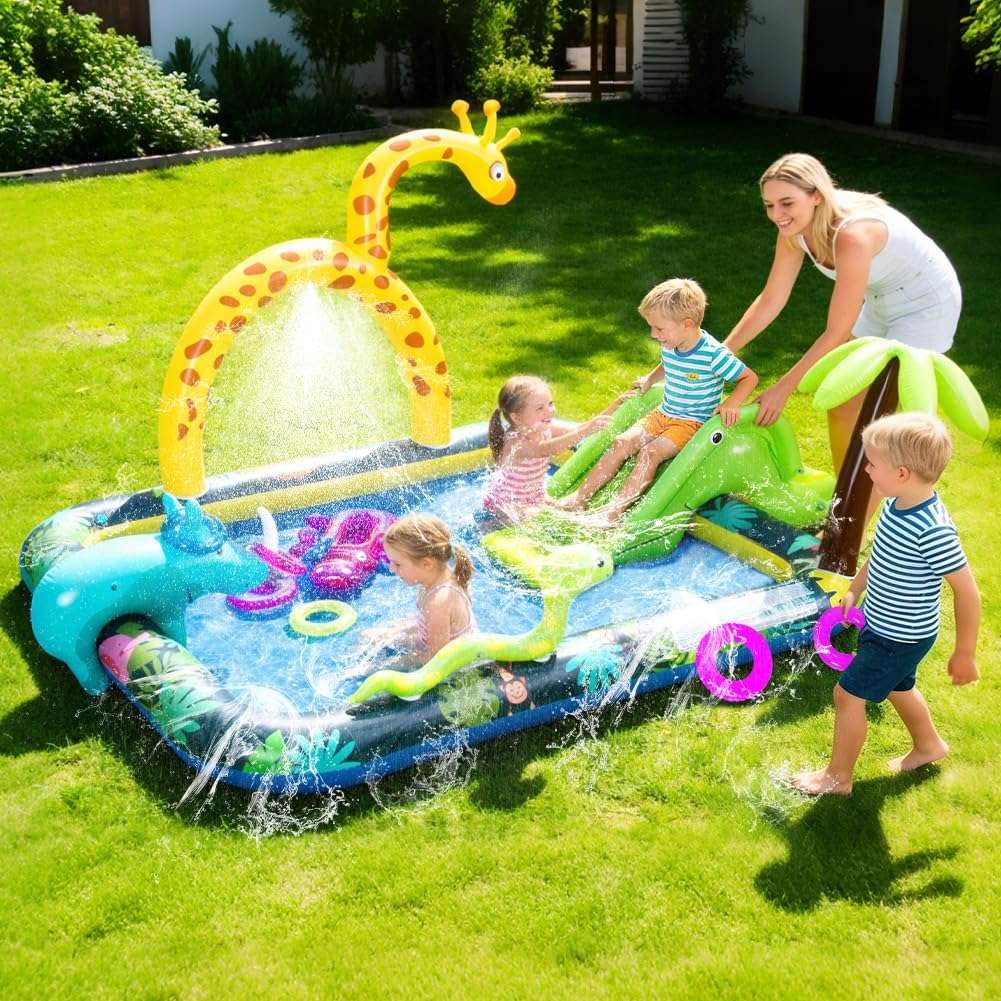 centro de juegos inflable con tobogán, rociador de agua y piscina para niños