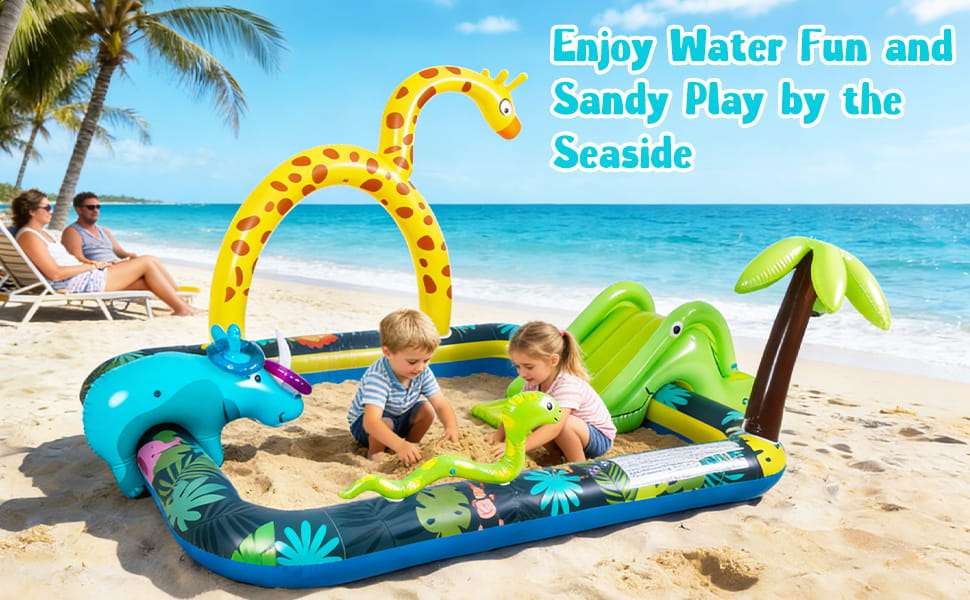 centro de juegos inflable con tobogán, rociador de agua y piscina para niños