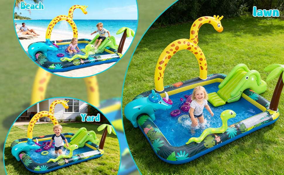 centro de juegos inflable con tobogán, rociador de agua y piscina para niños