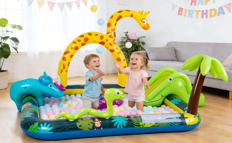 centro de juegos inflable con tobogán, rociador de agua y piscina para niños
