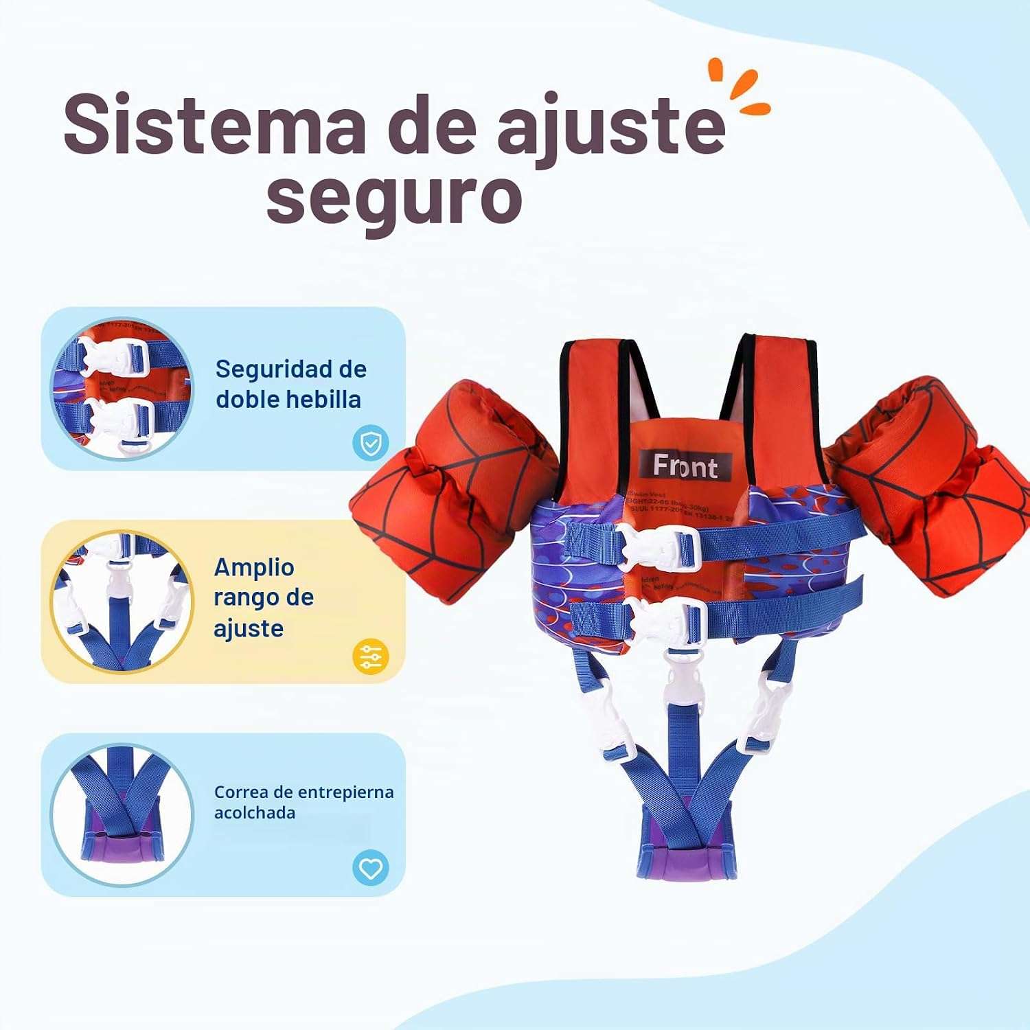 chaleco de natación para niños con flotador de brazo y correa ajustable en la entrepierna