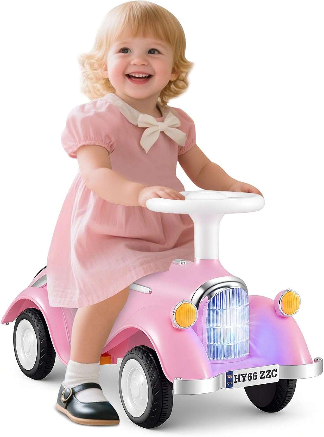 auto de empuje retro con luces LED, bocina y maletero para niños pequeños