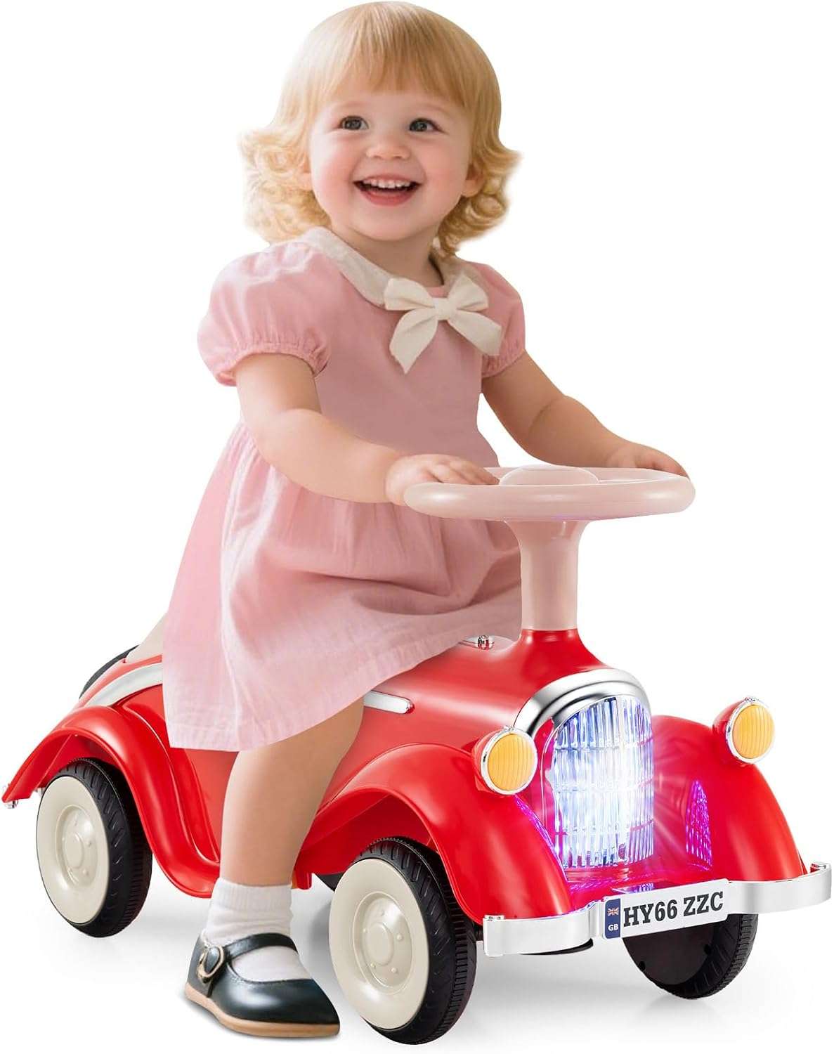 auto de empuje retro con luces LED, bocina y maletero para niños pequeños