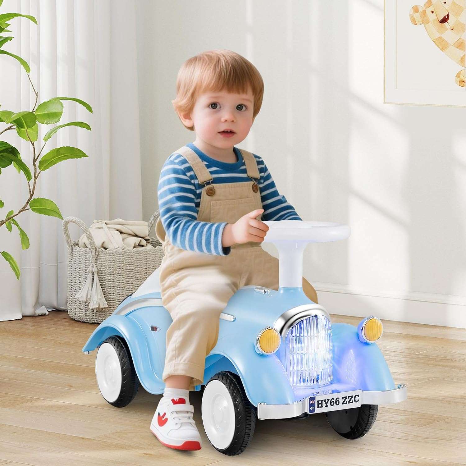 auto de empuje retro con luces LED, bocina y maletero para niños pequeños