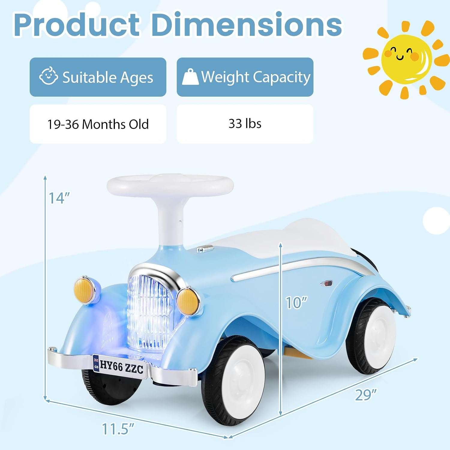 auto de empuje retro con luces LED, bocina y maletero para niños pequeños