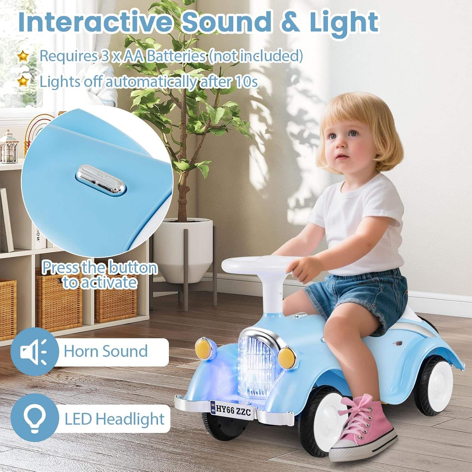 auto de empuje retro con luces LED, bocina y maletero para niños pequeños