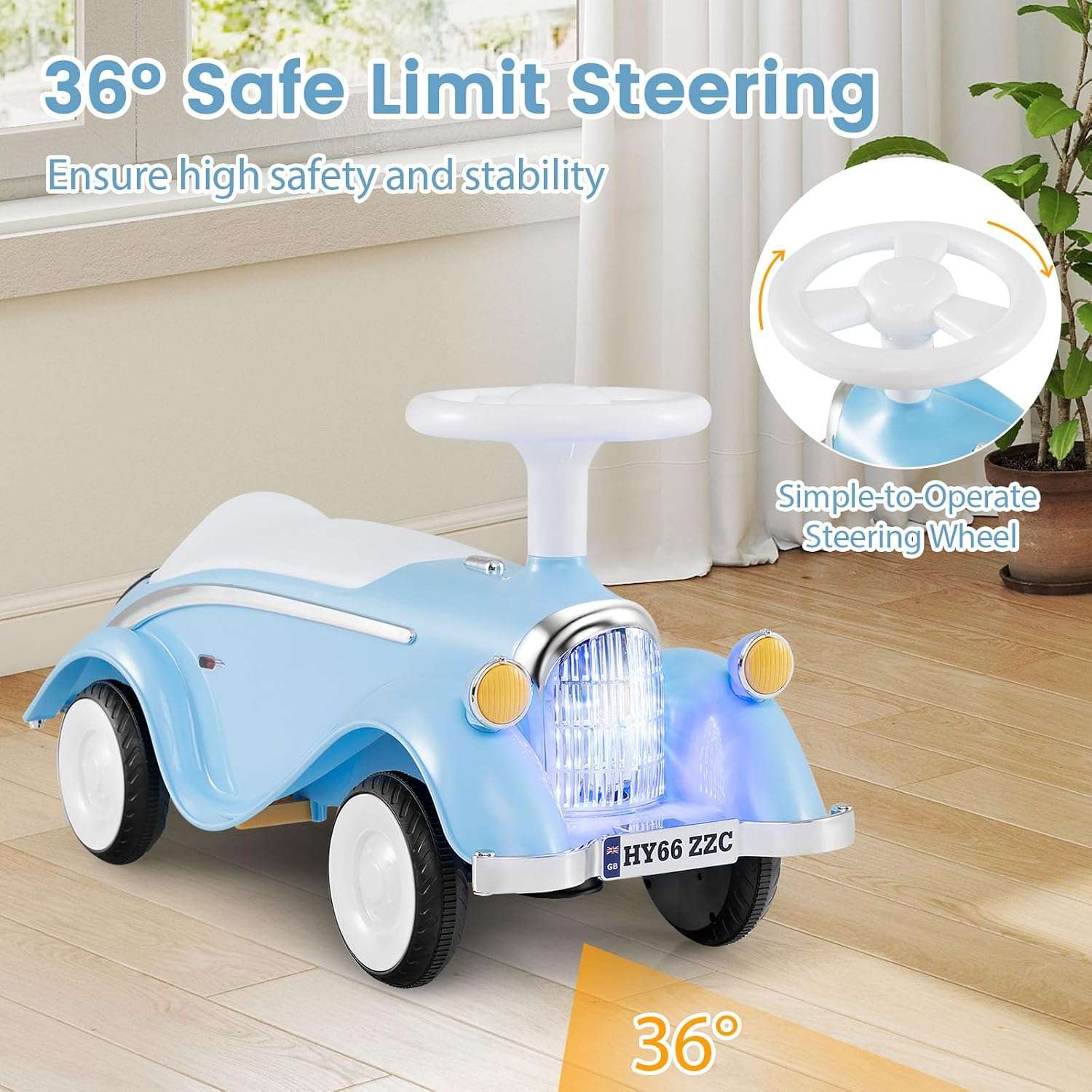 auto de empuje retro con luces LED, bocina y maletero para niños pequeños