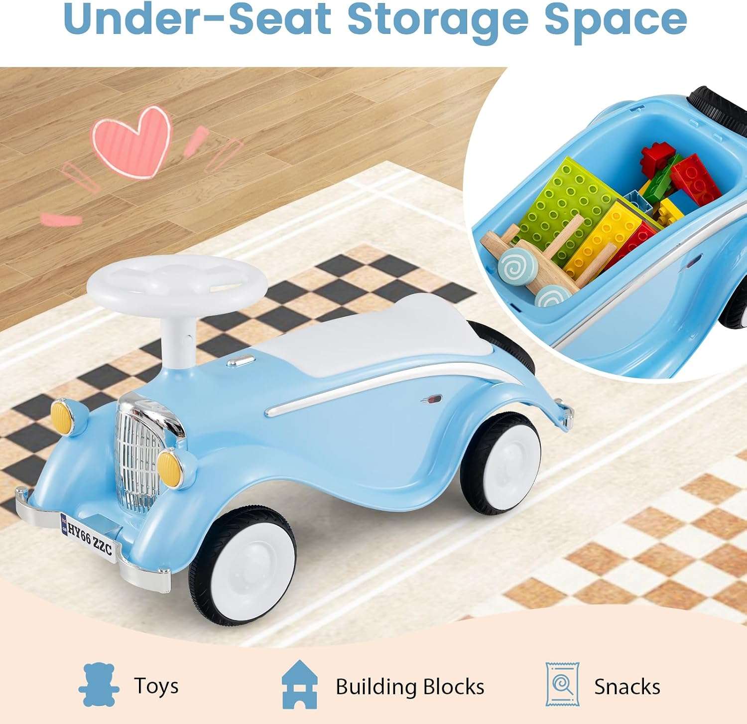 auto de empuje retro con luces LED, bocina y maletero para niños pequeños