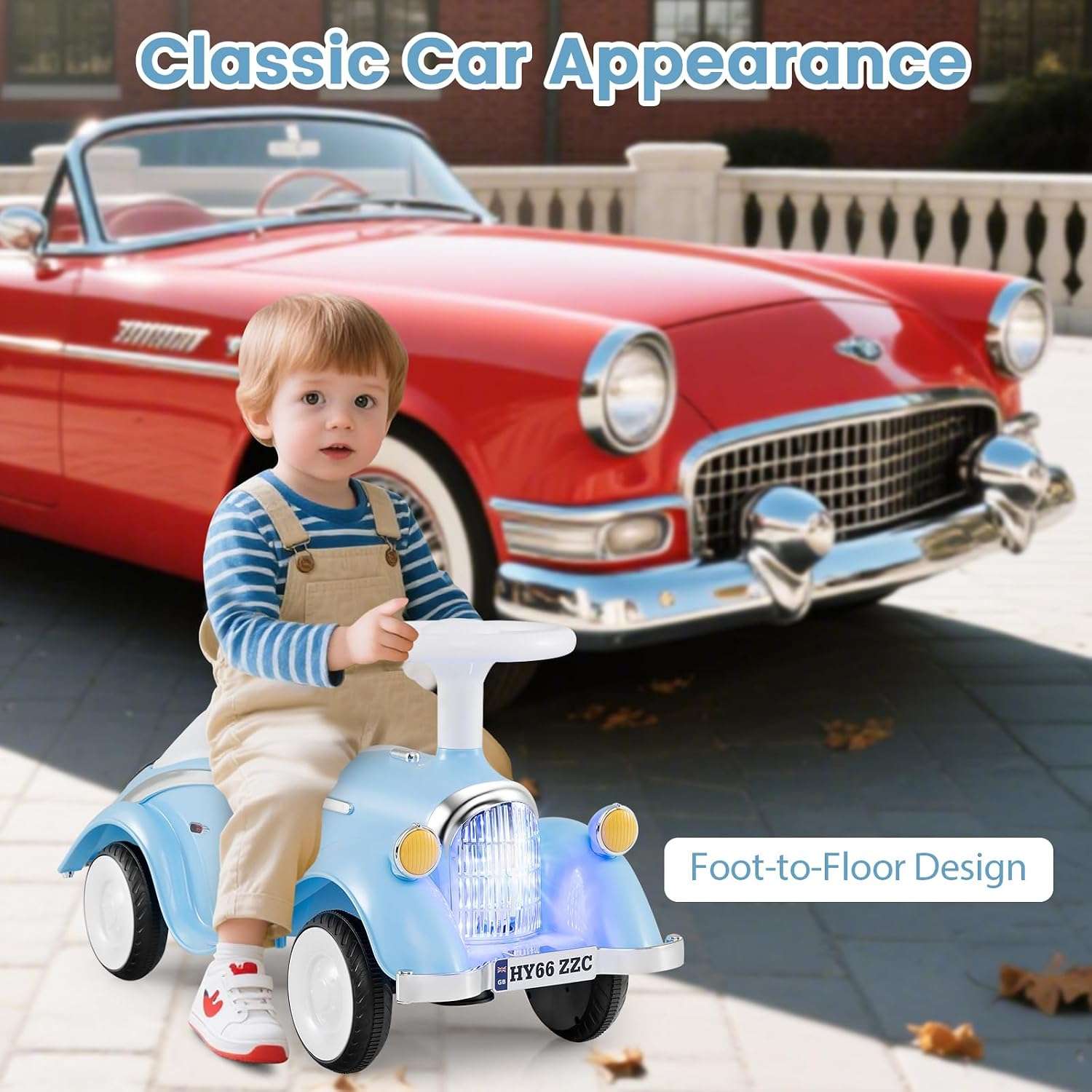 auto de empuje retro con luces LED, bocina y maletero para niños pequeños