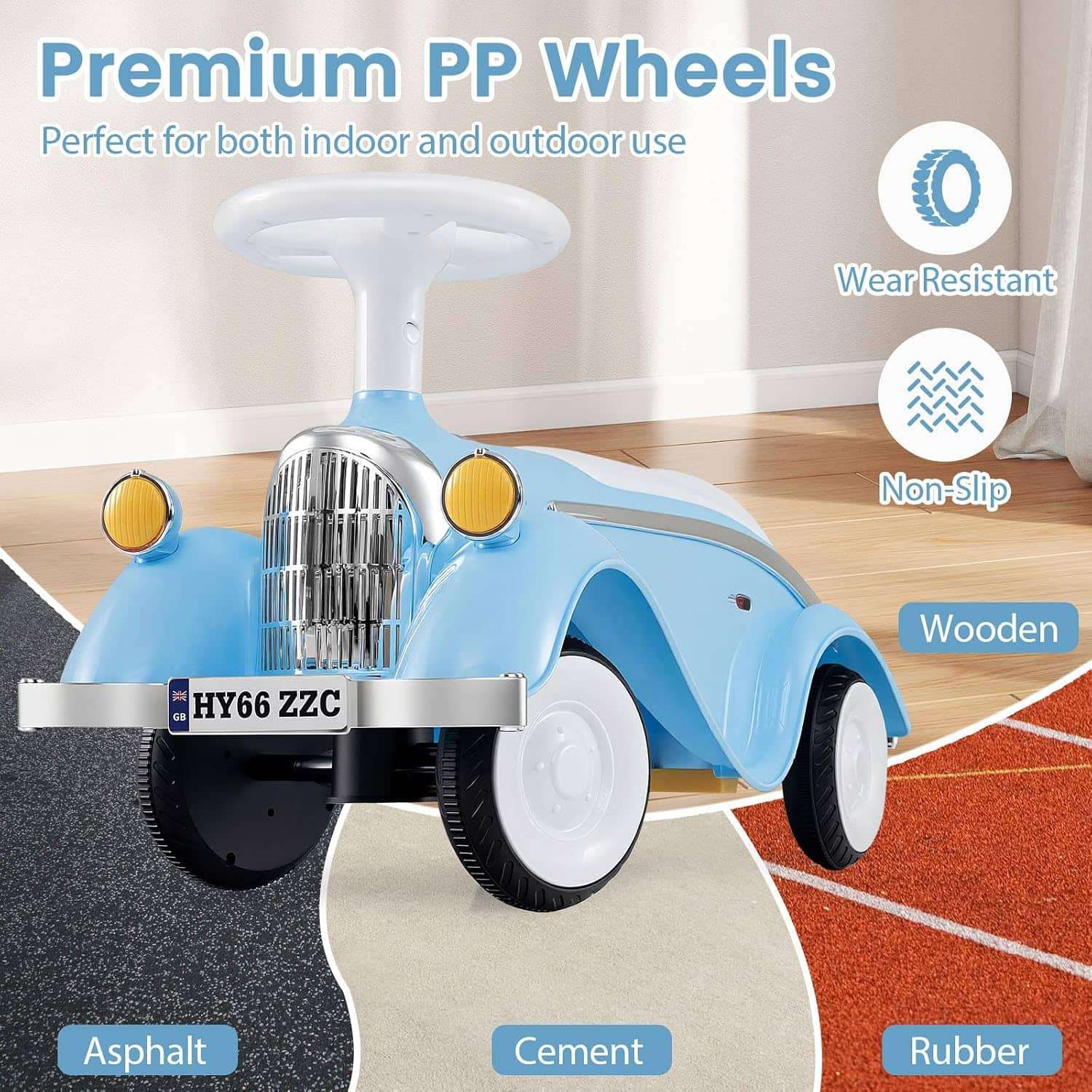 auto de empuje retro con luces LED, bocina y maletero para niños pequeños