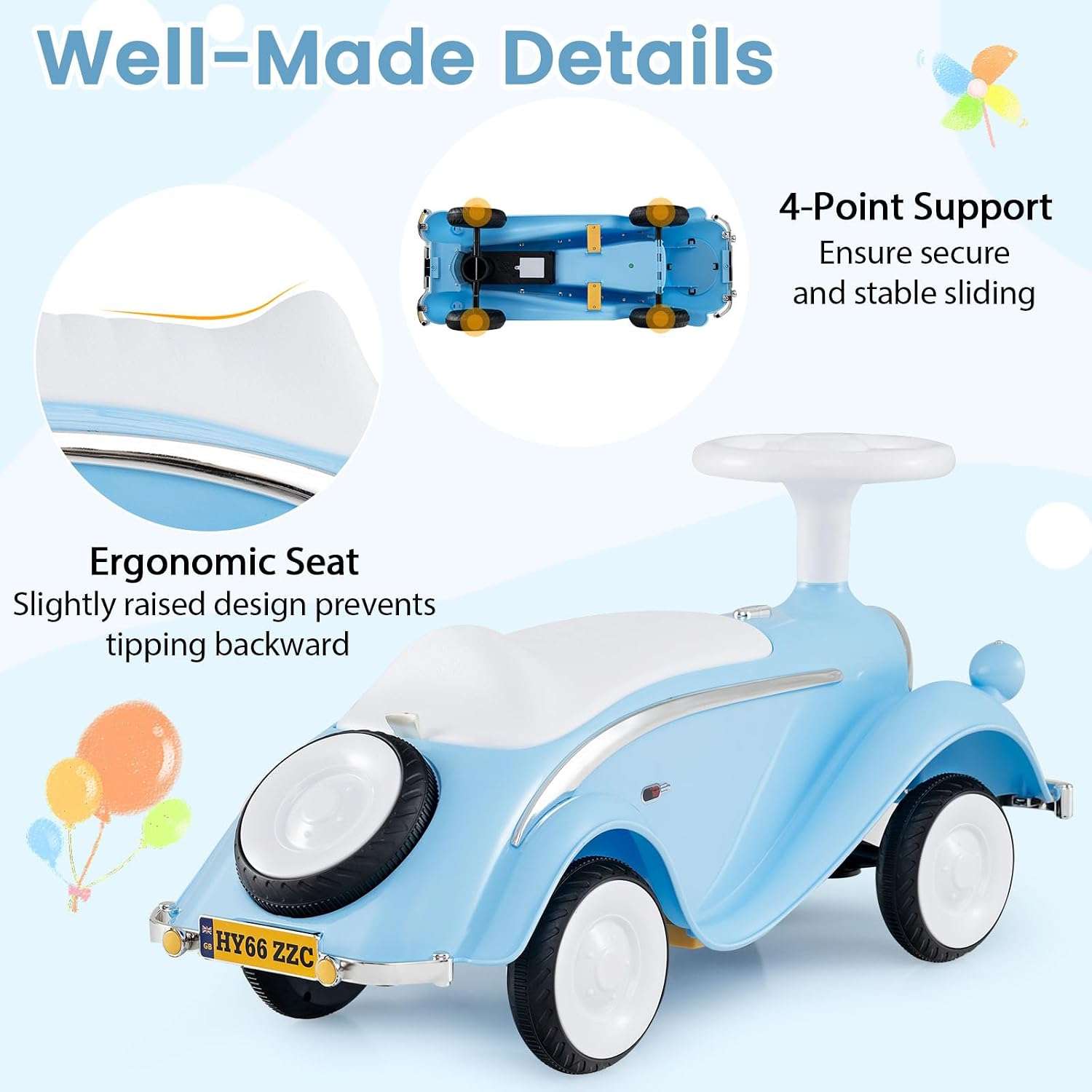 auto de empuje retro con luces LED, bocina y maletero para niños pequeños
