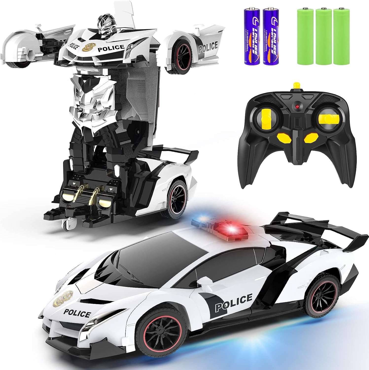 auto de policía transformable a control remoto que se convierte en robot con luces led para niños